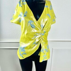 Tanya Taylor Yellow Ruched Tie Front Blouse